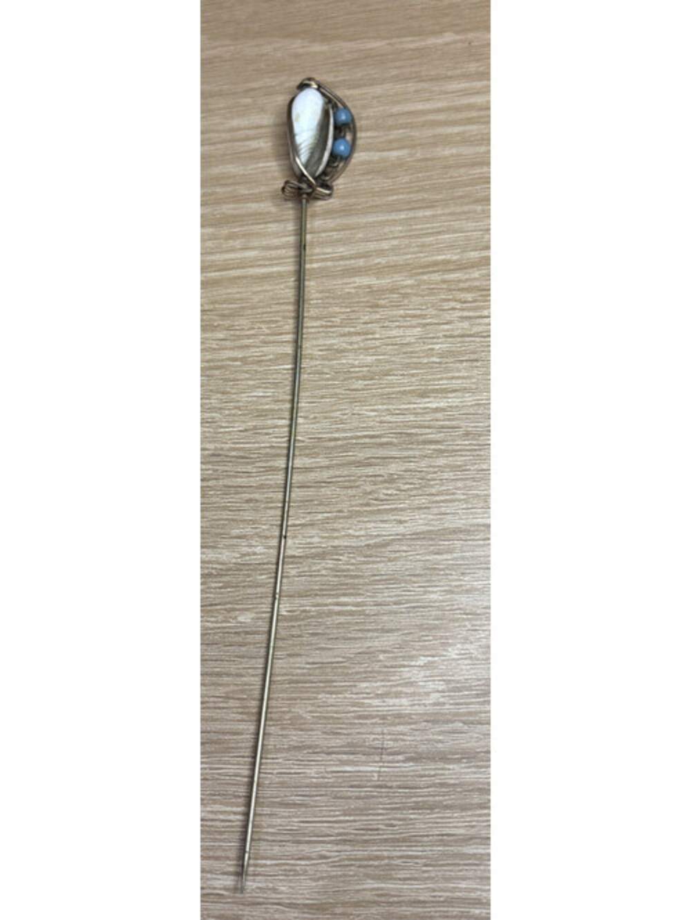 Vintage Shell and Blue Stone Gold Tone Stick Pin; Hat Pin - 8"